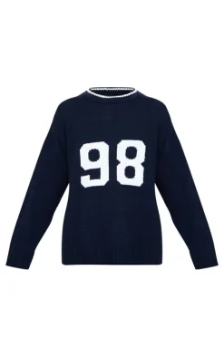 Navy Knit Oversized Embroidered Sweater