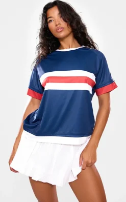 Navy Oversized Stripe Detail Football T-shirt