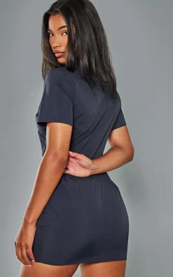 Navy Parachute Cargo Zip Through Shirt Dress
