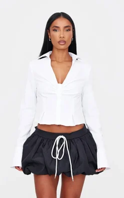 Navy Peach Skin Drawstring Detail Puffball Mini Skirt