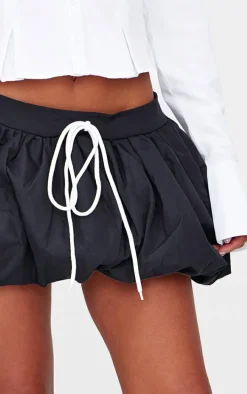 Navy Peach Skin Drawstring Detail Puffball Mini Skirt