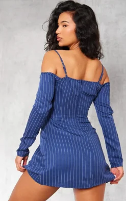 Navy Pinstripe Bardot Pleated Shift Dress