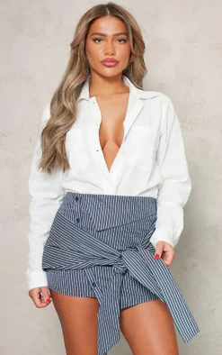 Navy Pinstripe Shirt Style Asymmetric Mini Skirt