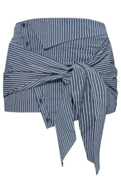 Navy Pinstripe Shirt Style Asymmetric Mini Skirt