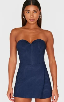 Navy Pinstripe Woven Zip Front Skort Romper