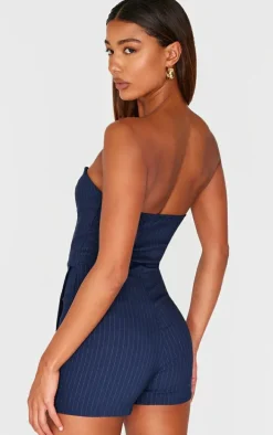 Navy Pinstripe Woven Zip Front Skort Romper