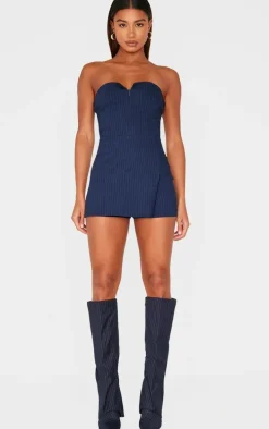 Navy Pinstripe Woven Zip Front Skort Romper