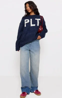 Navy PLT Boucle Knitted Oversized Sweater