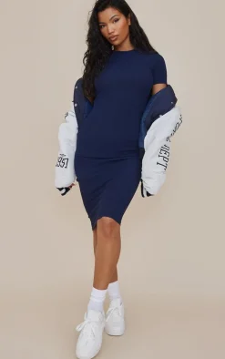 Navy Ribbed Short Sleeve Crew Neck Midi Dress