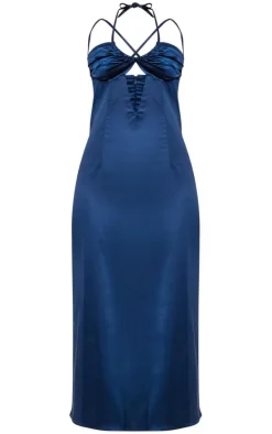 Navy Satin Halter Neck Midi Dress
