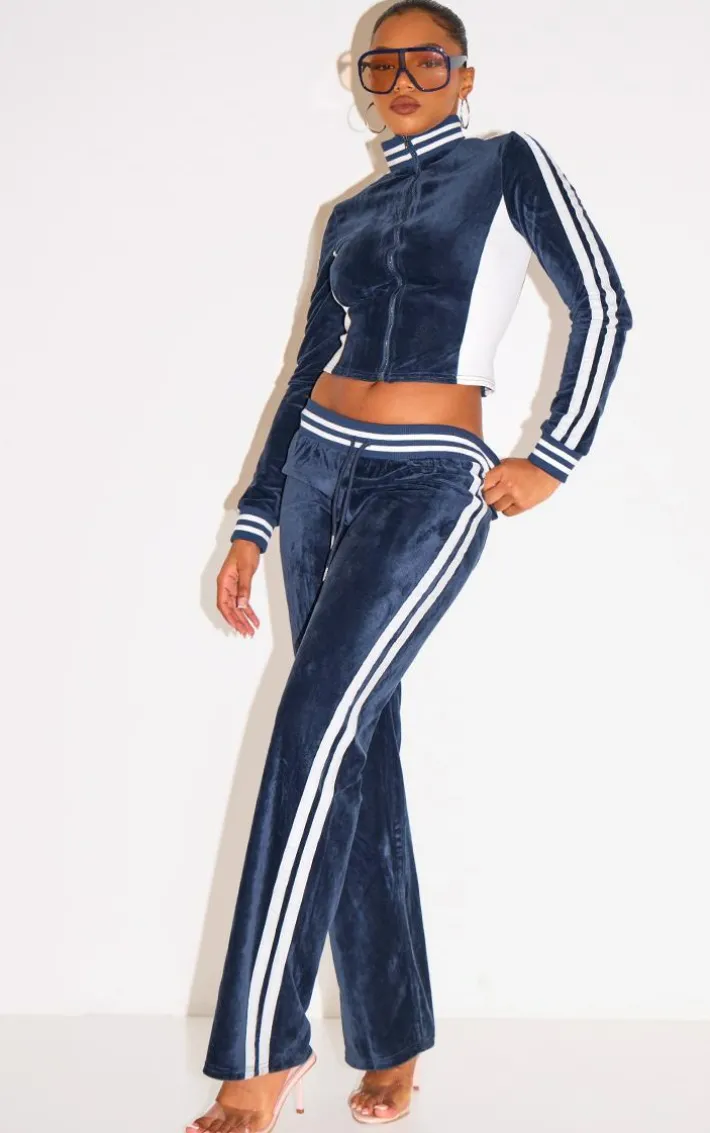 Navy Straight Leg Velvet Sweatpants