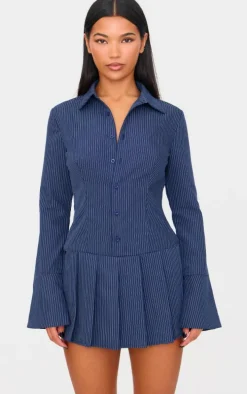 Navy Stripe Shirt Pleated Skort Romper