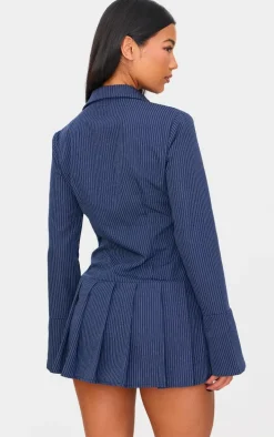 Navy Stripe Shirt Pleated Skort Romper