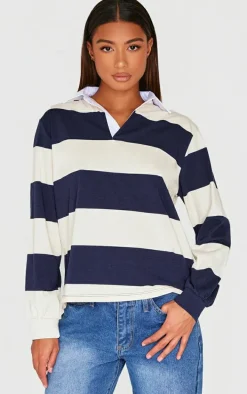 Navy Striped Collar Detail Long Sleeve T Shirt