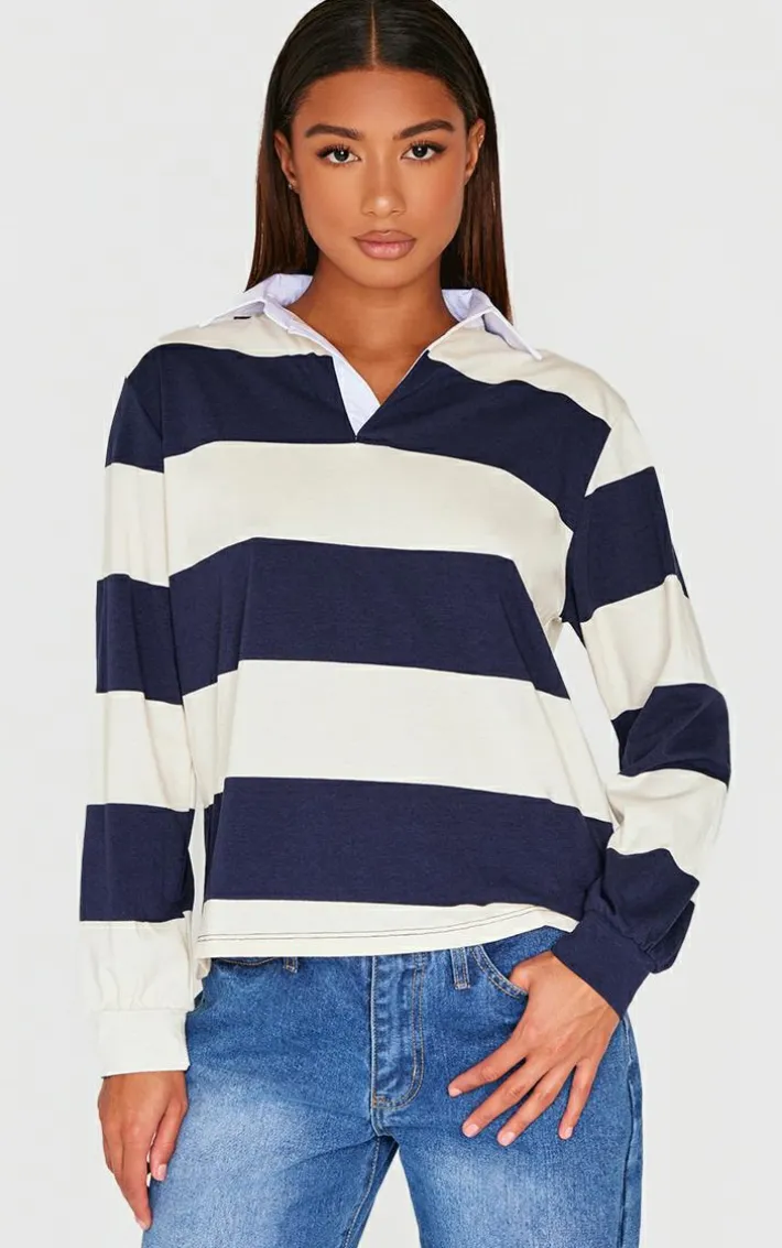 Navy Striped Collar Detail Long Sleeve T Shirt