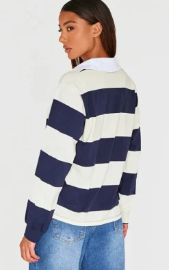 Navy Striped Collar Detail Long Sleeve T Shirt
