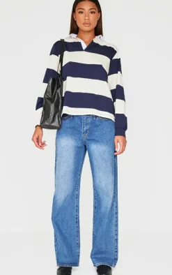 Navy Striped Collar Detail Long Sleeve T Shirt