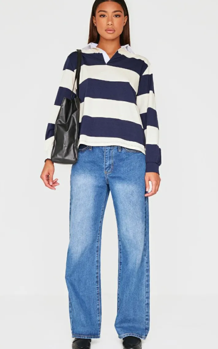 Navy Striped Collar Detail Long Sleeve T Shirt