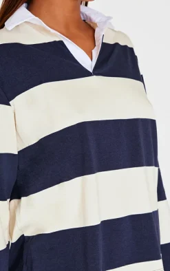 Navy Striped Collar Detail Long Sleeve T Shirt