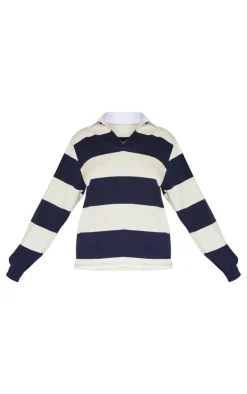 Navy Striped Collar Detail Long Sleeve T Shirt