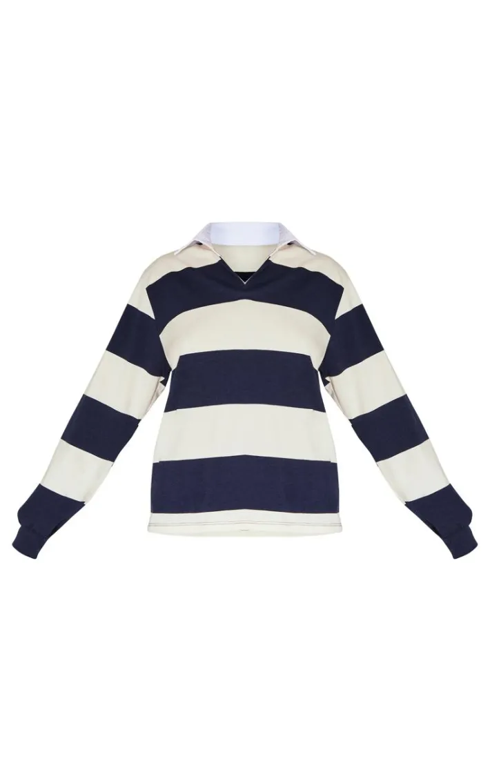 Navy Striped Collar Detail Long Sleeve T Shirt