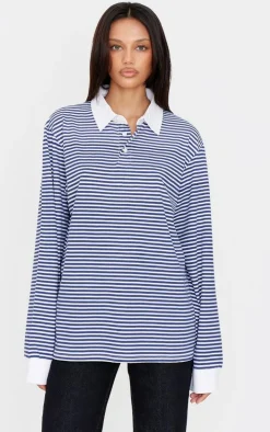 Navy Striped Collared Oversized Long Sleeve T Shirt