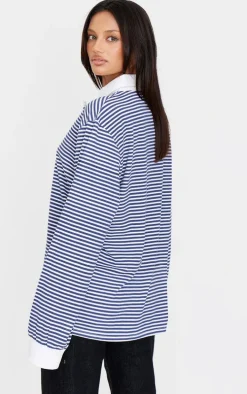 Navy Striped Collared Oversized Long Sleeve T Shirt