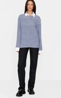 Navy Striped Collared Oversized Long Sleeve T Shirt