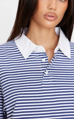 Navy Striped Collared Oversized Long Sleeve T Shirt