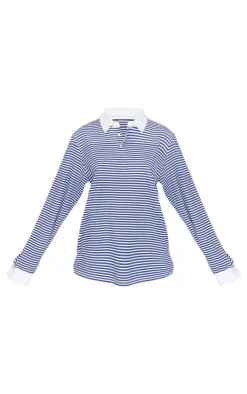 Navy Striped Collared Oversized Long Sleeve T Shirt