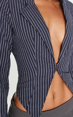 Navy Striped Plunge Hook & Eye Shirt