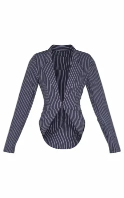 Navy Striped Plunge Hook & Eye Shirt
