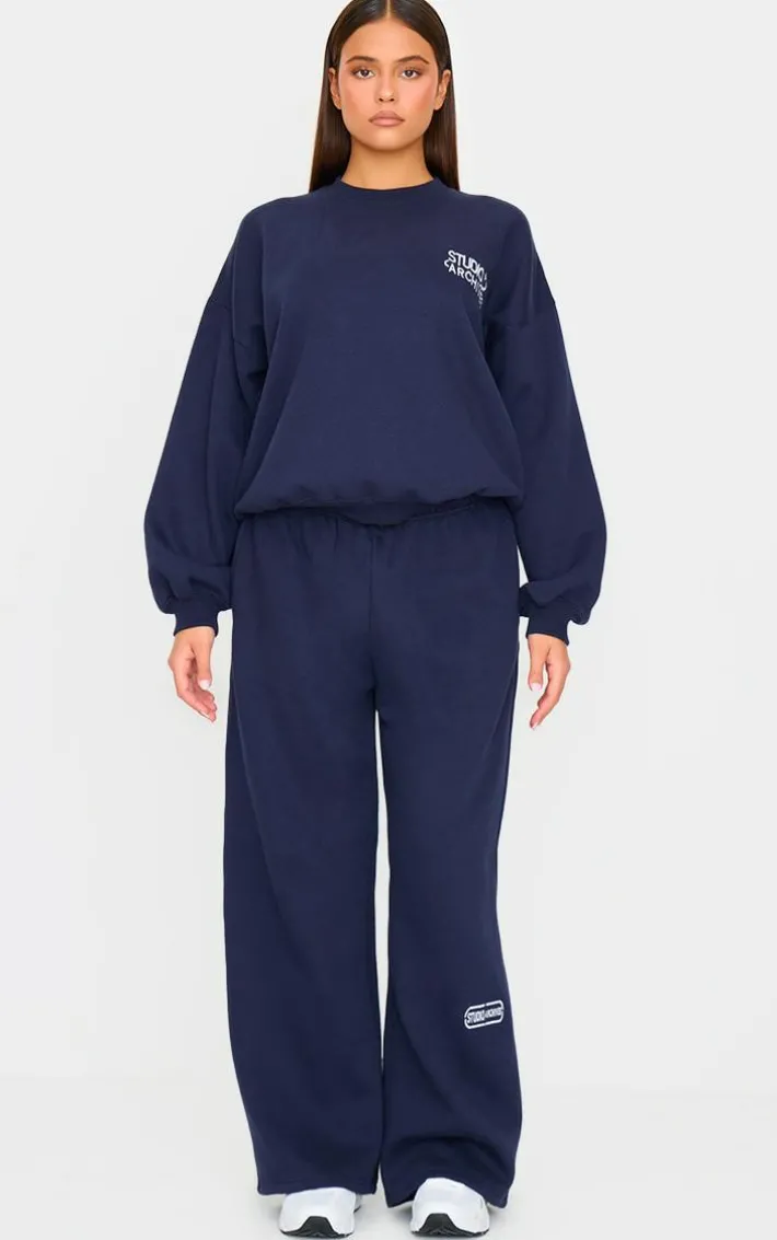 Navy Studio Archives Embroidered Thin Waistband Drop Crotch Sweatpants