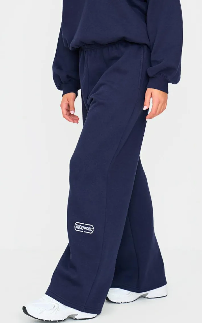 Navy Studio Archives Embroidered Thin Waistband Drop Crotch Sweatpants