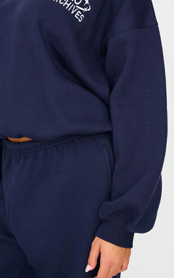 Navy Studio Archives Embroidered Thin Waistband Drop Crotch Sweatpants