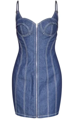 Navy Twill Contrast Stitch Strappy Bodycon Dress