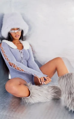 Navy Two Tone Lace Up Faux Fur Knit Romper