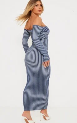 Navy Two Tone Thick Rib Knit Bardot Maxi Dress