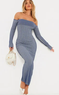 Navy Two Tone Thick Rib Knit Bardot Maxi Dress