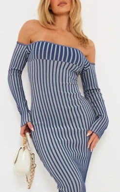 Navy Two Tone Thick Rib Knit Bardot Maxi Dress