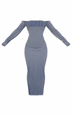 Navy Two Tone Thick Rib Knit Bardot Maxi Dress