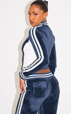 Navy Velvet Front Zip Fitted Track Top