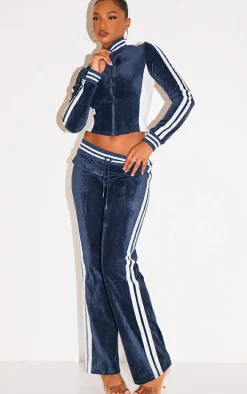 Navy Velvet Front Zip Fitted Track Top