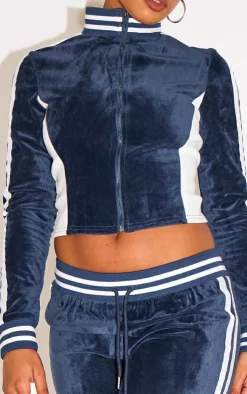 Navy Velvet Front Zip Fitted Track Top