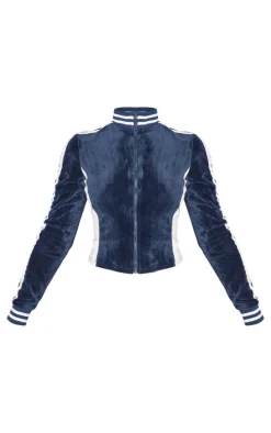 Navy Velvet Front Zip Fitted Track Top