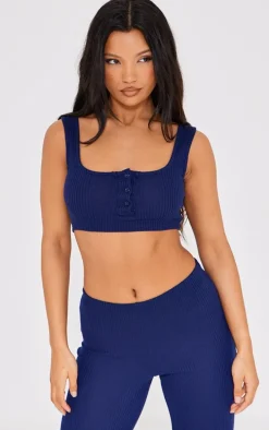 Navy Waffle Button Scoop Neck Crop Top