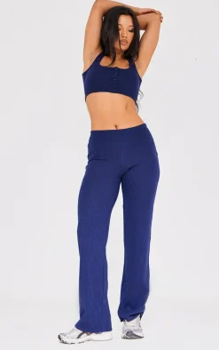 Navy Waffle Button Scoop Neck Crop Top