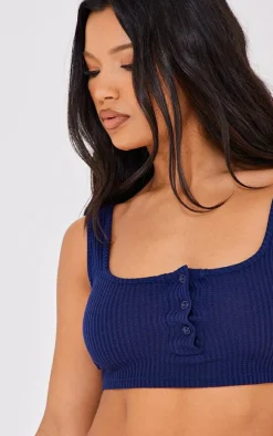 Navy Waffle Button Scoop Neck Crop Top