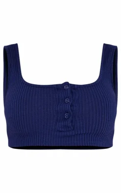 Navy Waffle Button Scoop Neck Crop Top