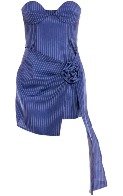 Navy Woven Pinstripe Rose Detail Bandeau Shift Dress